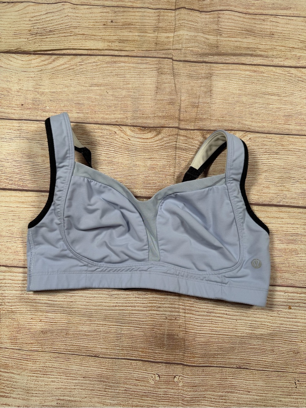 lululemon athletica TaTa Tamer Light Blue Supportive Sports Bra with Black Trim
